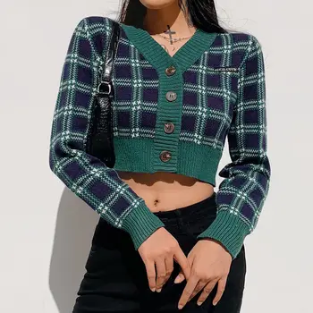 Deeptown Streetwear Zaļā Šaha Novāktajiem Jaka Trikotāžas Džemperis Sievietēm Vintage Y2K V-veida kakla Džemperis ar garām Piedurknēm Pleds Ziemas