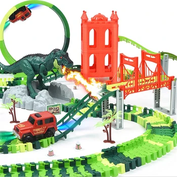 Dinozauru Sliežu ceļa Auto Sacīkšu Transportlīdzekļa Rotaļlietas Elektriskās Spray Pūķis DIY Montāža Ķieģeļi Radītājs Bērniem, Zēniem, Bērniem Dāvanas