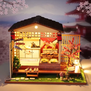 DIY Leļļu Nams Koka Rotaļu Namiņš ar Japāņu Arhitektūras Puzzle Casa Arhitektūras Ēkas Mininatures Rotaļlietas Bērniem