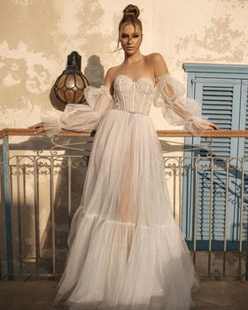 Fivsole Vintage garām Piedurknēm Kāzu DressesSweetheart Sparky Tilla Kāzu Kleitas Līnijas Boho Līgava Kleita Vestido de Noiva 2021