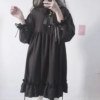 Ir 2021. Japāņu Gothic Vasaras Šifona Savirmot Kleita Sievietēm Vintage Loku Pārsējs Savirmot Black Lolita Kleitas Vestidos Drēbes Femme