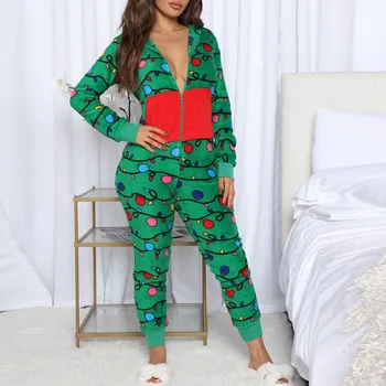Jaunais Ziemassvētku Pidžamu Sieviešu Drukāt Jumpsuit Sleepwear Homewear Kapuci Gadījuma Sieviete Ilgi Naktsveļu Silts Tērpi 2 Gabals