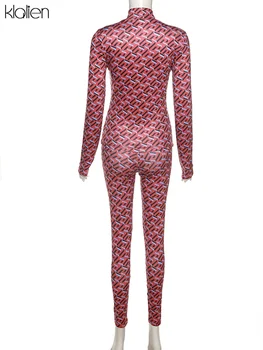 KLALIEN Rudens Modes Gadījuma Sexy Drukāt garām Piedurknēm augstu uzrullētu apkakli un Bikses Divas Gabals, kas Sievietēm Activewear Sieviešu Apģērbs
