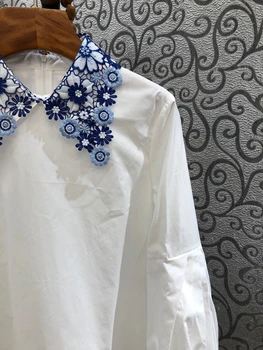 Kokvilnas Krekli Ir 2021. Pavasara Vasaras Dizaineru Apģērbu Tops Sievietēm, Izšuvumi Savukārt Apkakle ar garām Piedurknēm Gadījuma Balts Krekls