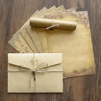 Komplekts 12pcs Vintage Vecās Modes Aploksnē Vēstuli Papīra Puse Kāzu Ielūgums Kraftpapīrs, kas ar Kaņepju Stīgu un Retro Kulons