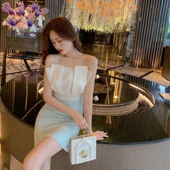 Korejas Modes Bez Piedurknēm, Elegants Mini Siksna Kleita Sievietēm Pie Pleca Puse Y2k Kleita Biroja Dāma Ir 2021. Vasaras Tīru Krāsu Kleita