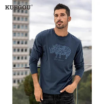 KUEGOU 2021. gada Rudens Jaunas Kokvilnas Pavasara Modes Lakrosa Vīriešu T-krekls ar garām Piedurknēm Degunradžu Izšūšana T Top Plus Lieluma 60057