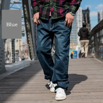 Lielgabarīta Mīksti Džinsi Vīriešu Džinsa Bikses Taisni Baggy Gadījuma Streetwear Hip Hop Skrituļdēlis Zilā Plaša Kāju Bikses, Liela Izmēra 46
