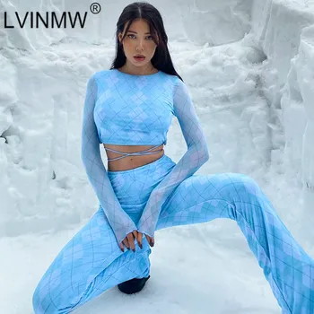 LVINMW Elsas Uzvalki Pleds Hit Krāsu Slim Šiks Zilā Sievietēm Komplekti Mežģīnes Up Long Sleeve Tee Gurni Celšanas Pārtikas Koku Sēne Izlīdzināšanu Bikses