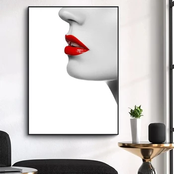Melna Balta Sienas Art Pictures Modes Sarkanu Lūpu Sexy Modelis Meitene Plakāti un Izdrukas Sienas Mākslas Audekls Gleznošanai Mājas Telpu Dekorēšana