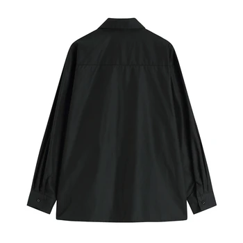 Melns Sieviešu Blūze Elegants Dizains Kaklasaiti Krāsošanas Modes Garām Piedurknēm Baggy Harajuku Vintage Ielu Ikdienas Dāmas Topi Pogu Up Krekls