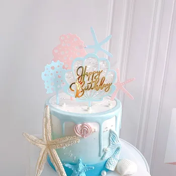 Mirdzošs Shell Dzimšanas dienas Kūka Topper Rozā Zelta Koraļļu Rifu, jūras zvaigzne happy Birthday cake Decoration Bērniem Dzimšanas dienas kūku Toppers