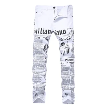 Modes Apgleznotas Džinsa Slim Fit Džinsi Baltā Vīriešu Hip Hop Elastīgs Gadījuma Kovbojiem Bikses Vīriešu Drukāšanas Streetwear Jean Bikses