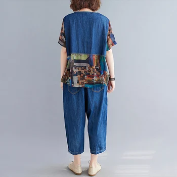 Modes Džinsa Vintage Raibs Drukas 2 Divas Gabals, kas Vasaras Īsām Piedurknēm Zaudēt Gadījuma Tee T-krekls Sieviešu Topi Ir 2021. Džinsu Bikses