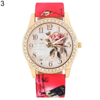 Modes Sievietes Drukāt Rožu Modelis Rhinestone Rokas pulksteni Gadījuma Kvarca Pulkstenis skatīties reloj mujer relogio feminino reloj hombre Ladi