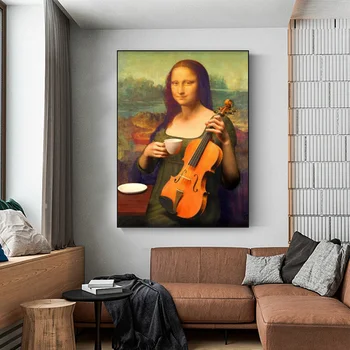 Mona Lisa, un Meitene ar Pērļu Vijoles Kanvas Glezna Smieklīgi Classic Raksturs Plakātu Sienas Mākslas Pictrue Mājas Dekoru