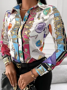 Pavasara Rudens Sieviešu All Print Buttoned Krekls Ir 2021. Gadījuma Femme V Apkakli, garām Piedurknēm ar Oficiālu Kreklu, Biroja Dāma Elegants Tērpiem