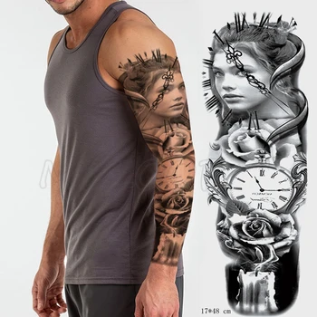 Pilnu Roku Ūdensnecaurlaidīgus Pagaidu Tetovējumu Uzlīmes Liels Romu Pulksteņa Rožu Ziedu, Augu Mākslas Viltus Tetovējums Flash Tatto par Vīrietis, Sieviete