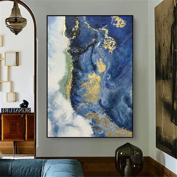 Roku apgleznoti skaisti eļļas glezna anotācija zelta foliju, audekls gleznošanai zilā zelta sienas māksla mūsdienu mājas dzīvojamā telpu dekorēšana