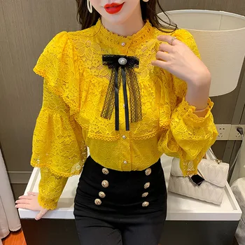 Rudens Modes Elegants Sieviešu Mežģīņu Krekls Vintage Tamborēšanas Ruffles Sieviete, Blūzes Loku Frēzēšana garām Piedurknēm Dāmas Topi Blusas 16889