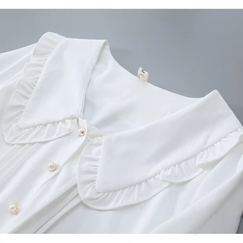 Rudens Sievietes Balts Krekls Vintage Laternu Piedurknēm Šifona Blūze Ruched V-veida Kakla Elegants Birojs Valkāt Rudenī, Pavasarī Basic Topi T16702F