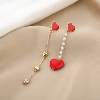 S925 Adatu korejiešu Style Long Pušķis Maza Sarkana Sirds Asimetrisks Ķēdes Imitācijas Pērles Vilināt Auskari Sievietēm, Kāzu Rotaslietas