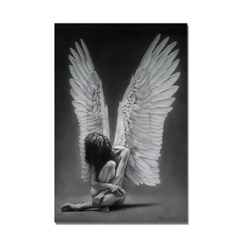 Seksīgu Kailu Angel Girl Kanvas Glezna Melns Balts Attēls Plakāti un Izdrukas Sienas Mākslas Ainu, viesistaba, Mājas Dekoru bez rāmīša