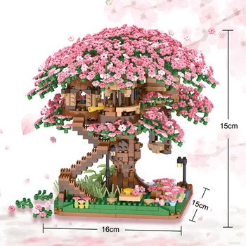 SEMBO Mini Sakura Tree House Bloki Japāņu Street View Cherry Blossom Modeli Ēku KM Māja Koka Ķieģeļu Rotaļlietas Dzimšanas dienas Dāvanas