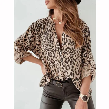 Sieviešu Blūze Jauna Rudens Gadījuma Leopards Drukāt Vintage Krekls Elegantas Blūzes ar garām Piedurknēm Plus Lieluma Galotnēm Biroja Dāma Drēbes ir 2021.