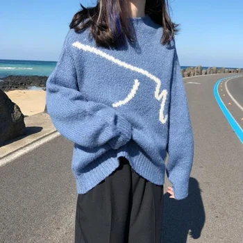 Sieviešu Džemperis Adīšanas O-Veida Kakla Zaudēt Garām Piedurknēm Modes Zaudēt Gadījuma Korejas Streetwear Femme Puloveri Sweatar