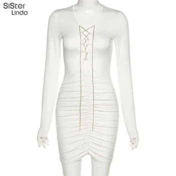 Sisterlinda Seksīgas Mežģīnes Up Dziļu V veida Kakla Rucehd Y2K Kleitas Sieviešu Modes garām Piedurknēm Kritums Apģērbu Clubwear Puse Mini Kleitas 2020