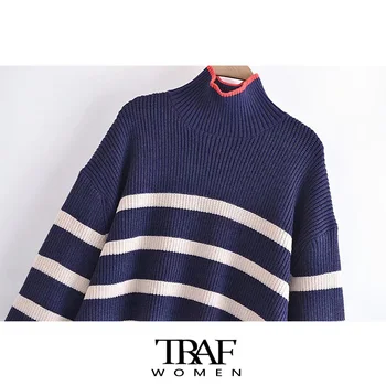 TRAF Za Sieviešu Modes Lielgabarīta Svītraina Adīta Vintage Džemperis ar Augstu Apkakli, garām Piedurknēm, Sieviešu Džemperi Šiks Topi