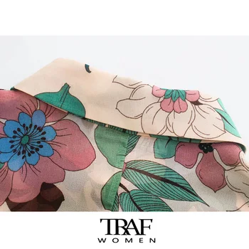 TRAF Za Sieviešu Modes Plūst Ziedu Drukāt Zaudēt Blūzes Vintage garām Piedurknēm uz Pogas Sieviešu Krekli Šiks Topi