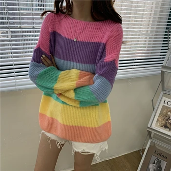 Varavīksnes Svītrainu Trikotāžas Džemperis Sievietēm Vintage Krāsains Džemperi, Trikotāžas Gadījuma Mīksti Džemperi Ar Garām Piedurknēm, Elegants 2021 M009