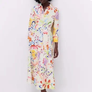 Vintage Ziedu Drukāt Sievietes Kleitu Savukārt-Collar-Line 3/4 Piedurknēm Vienu-krūšu Vidū Teļš Krekls, Kleita Streetwear Vasaras