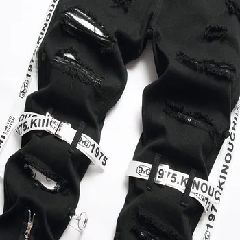 Vīrieši Punk Rāvējslēdzēji Melni Džinsi, Moderns Streetwear Caurumi Ripped Džinsa Bikses Lentes Slim Taisnas Bikses