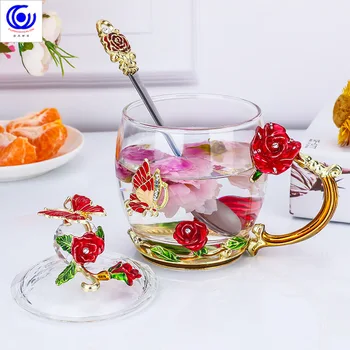Ziedu teacups Mājās pret augstu temperatūru izturīga kristāla glāzes Birojs sieviešu tases būs pārdot dāvanu emaljas svētku dāvanas