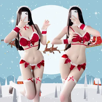 Ziemassvētku Sieviešu Red Bowknot Mežģīņu Krūšturis Un Siksnas Apakšveļas Komplekts Seksīga, Jutekliska Apakšveļa Komplekts Erotiska Babydoll Apakšveļa Sexy Kostīms